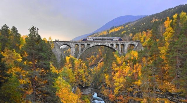 The Rauma Line train crossing Kylling bridge in autumn