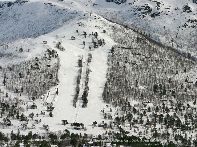 The ski slopes of Skorgedalen (Rauma Skisenter) seen from above