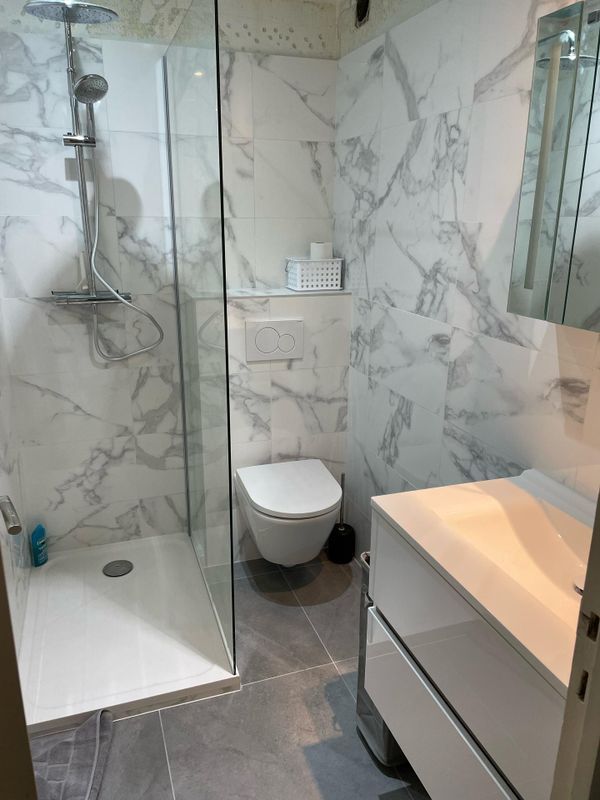 Une salle de bains moderne avec des WC suspendus et une douche à l'italienne.