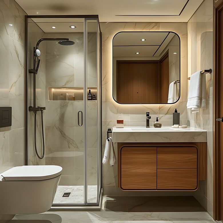 Salle de bains moderne avec des WC suspendus, une cabine de douche et un meuble à simple vasque.
