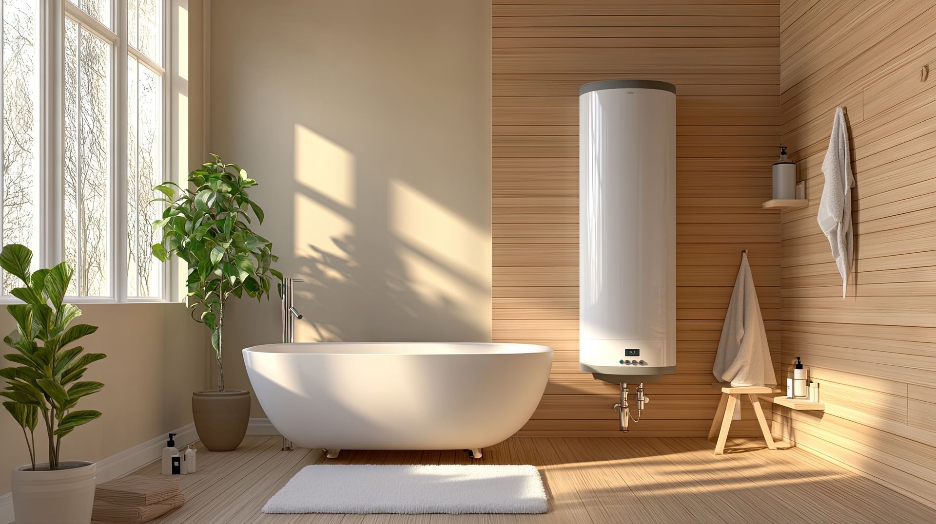 Un chauffe-eau électrique installé à côté d'une baignoire.