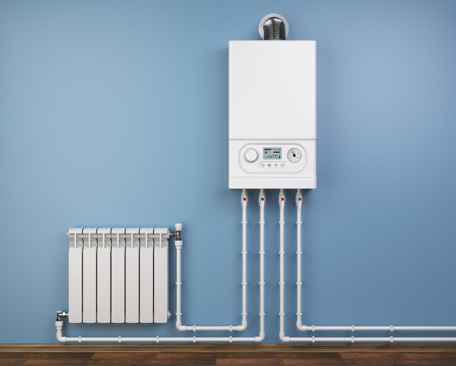 Une  chaudière à gaz et un radiateur à eau chaude.