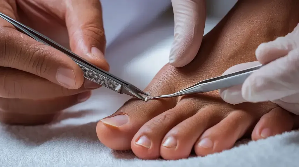 El pie de una persona se examina con instrumental médico, con guantes. Enfoque en el dedo con posible problema.