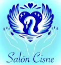 Logotipo azul: Cisne dentro de un corazón, alas y manos debajo. "Salón Cisne" en cursiva.