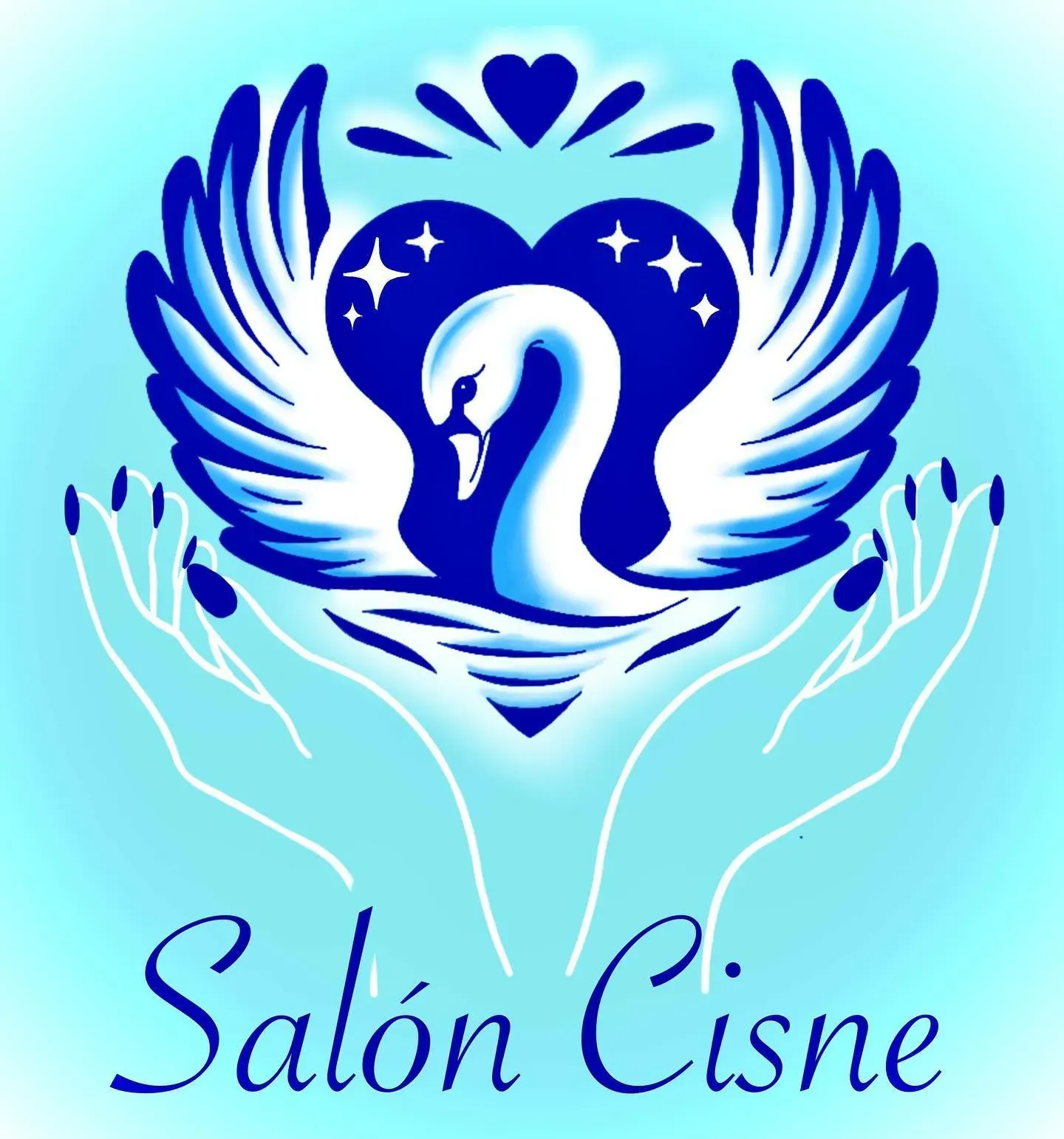 Logotipo azul: Cisne dentro de un corazón, alas y manos debajo. "Salón Cisne" en cursiva.