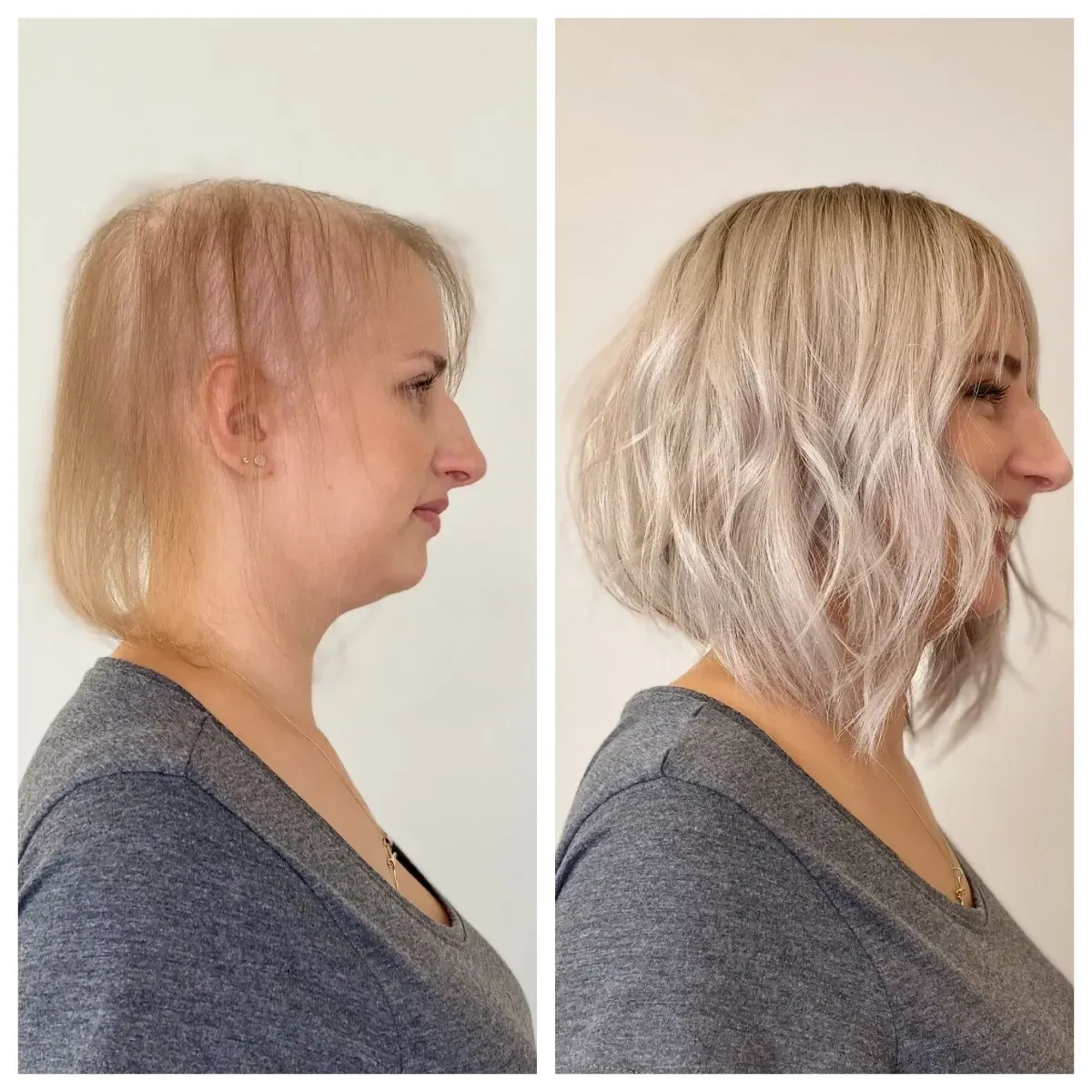 Una foto de antes y después de una mujer con cabello rubio corto.