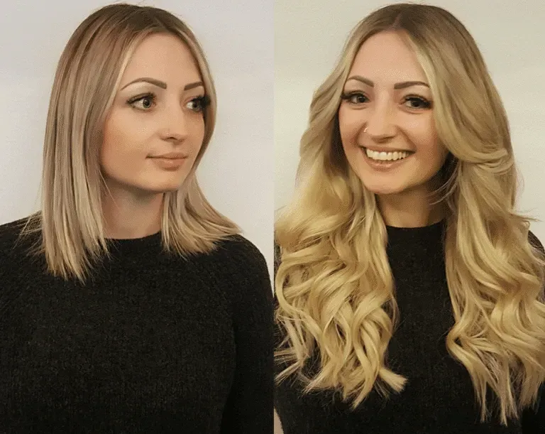 Una foto de antes y después del cabello de una mujer.