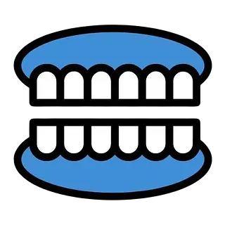 Un icono azul de una dentadura con dientes blancos sobre un fondo blanco.