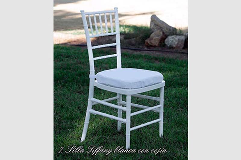Una silla blanca con un cojín blanco está sentada en el césped.