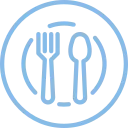 Un icono de tenedor y cuchara en un círculo azul sobre un fondo blanco.