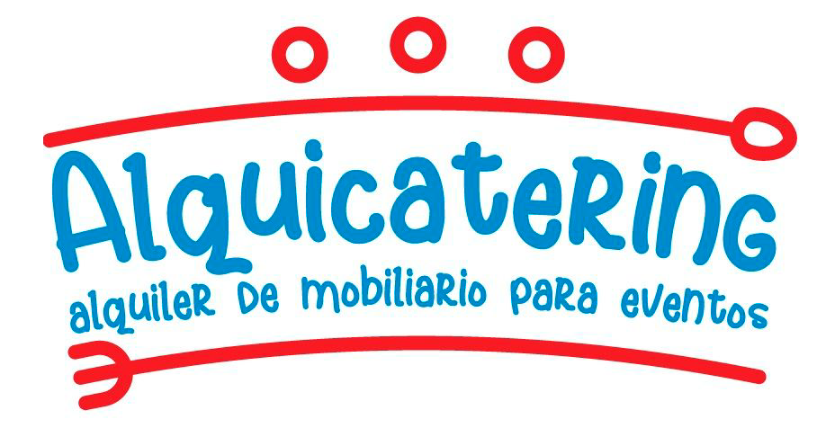 A blue and red logo for a company called alquiler de mobiliario para eventos