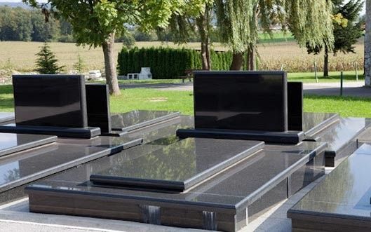 Un cementerio con muchas tumbas y árboles al fondo.