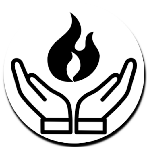 Die Hände sind zu einer Schale geformt und halten eine schwarze Flamme in einem weißen Kreis.