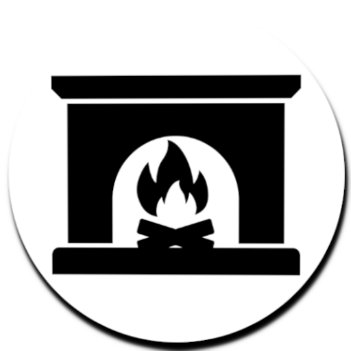 Schwarze Silhouette eines Kamins mit brennenden Holzscheiten in einem weißen Kreis.