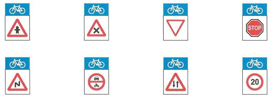Un conjunto de señales para bicicletas, incluida una señal de stop.