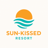 Logo for Sun-Kissed Resort with an orange sun icon above teal ocean waves, with text below.