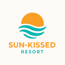 Logo for Sun-Kissed Resort with an orange sun icon above teal ocean waves, with text below.