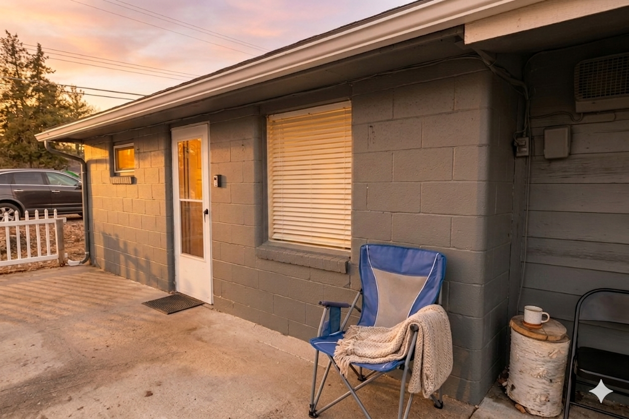 Exterior of a house with a blue folding chair on the patio and a window shuttered closed