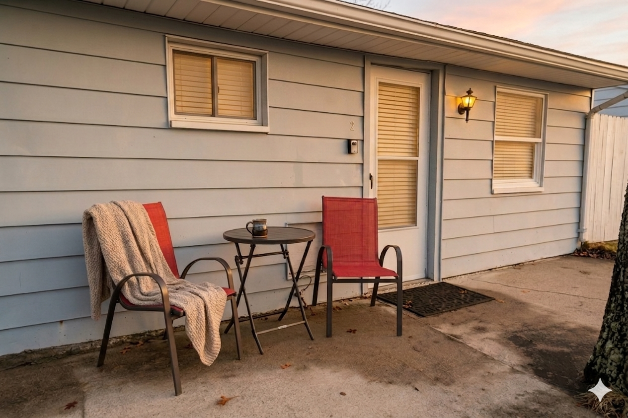 Patio with two chairs and a small table beside a house with windows and a front door