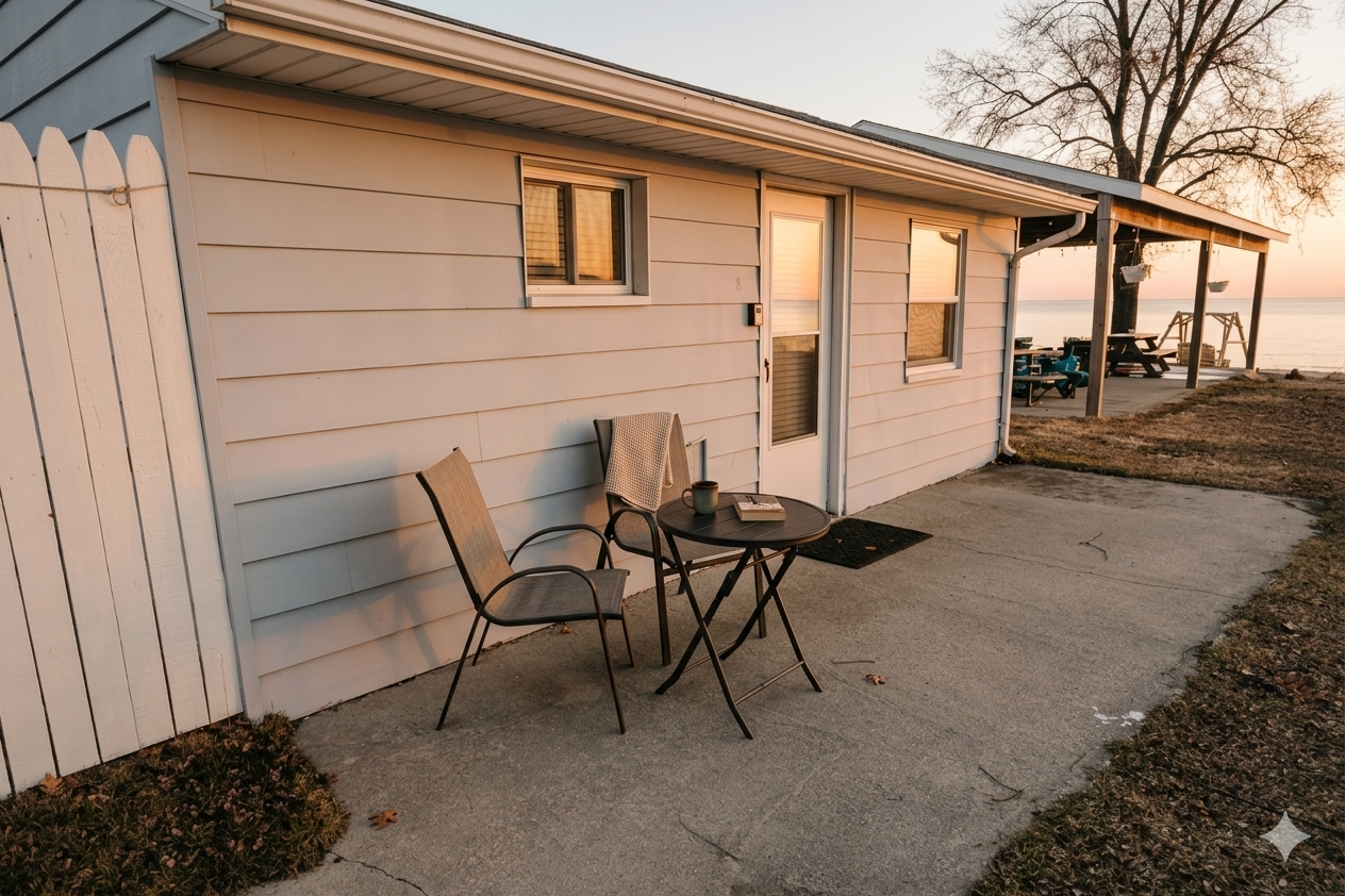 Small white house with patio chairs and table beside a gravel yard at sunset