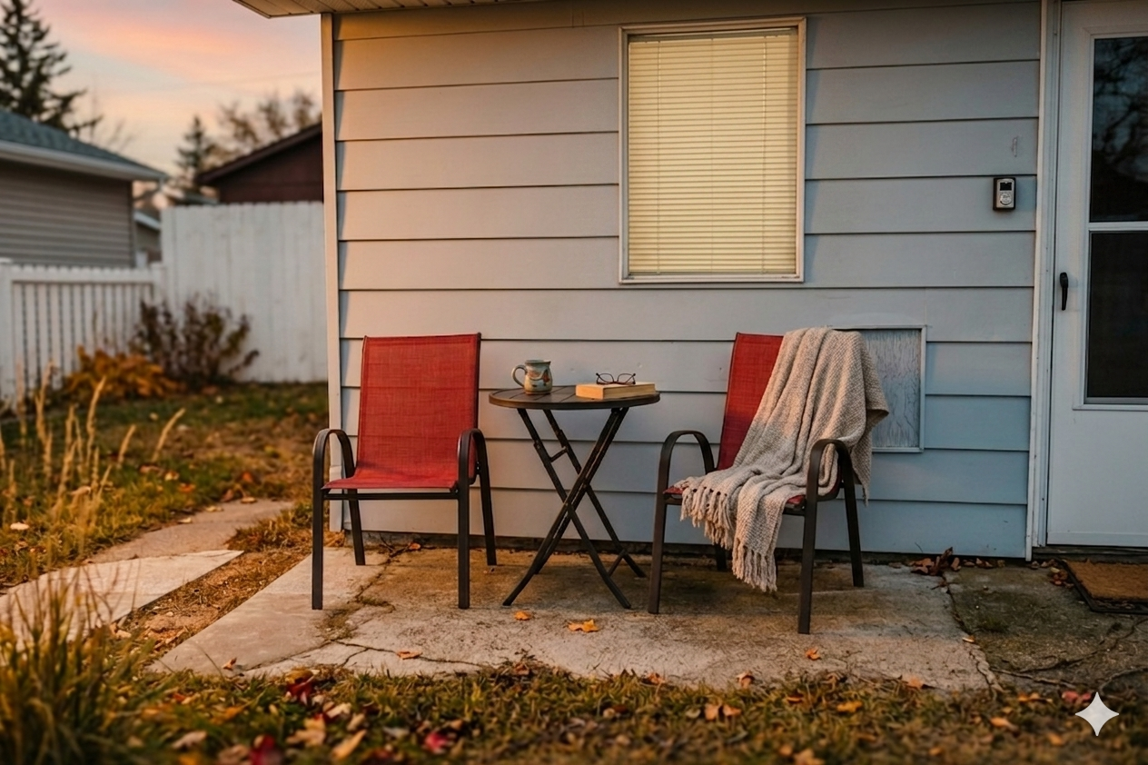 Small patio with a red chair, wicker chair, table, and potted plants beside a house wall and window.