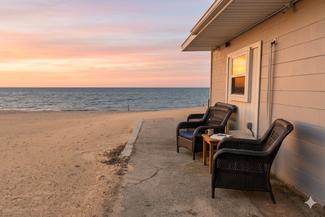 Beachfront patio with wicker chairs beside a house at sunset, facing the ocean and sandy shore