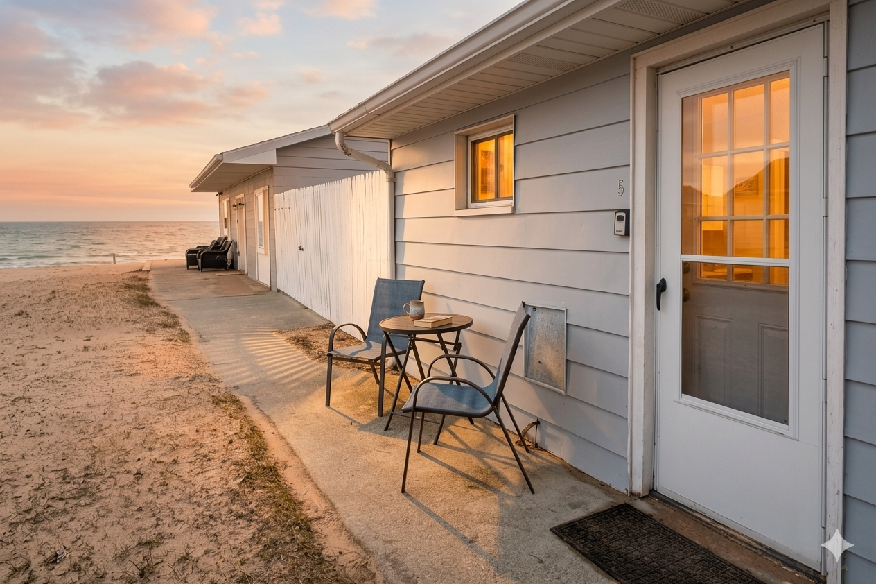 Beachfront cottage patio with white siding, folding chairs, and sunset light overlooking the ocean