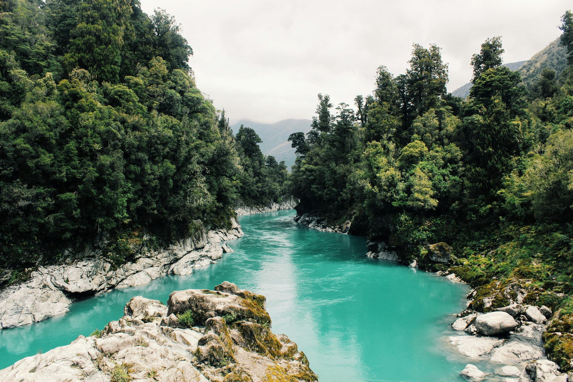 A vibrant turquoise river flowing through a forested rocky canyon under a bright, overcast sky.