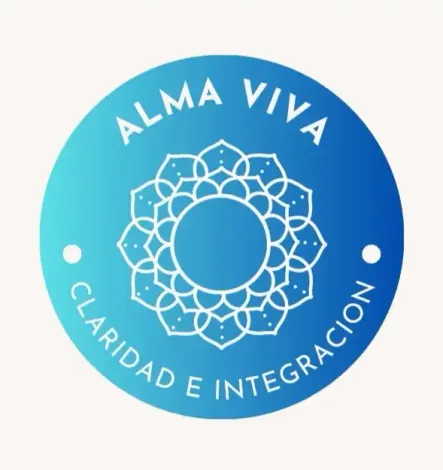 Blue circular logo reading “ALMA VIVA” and “CLARIDAD E INTEGRACIÓN” with a white mandala design in the center