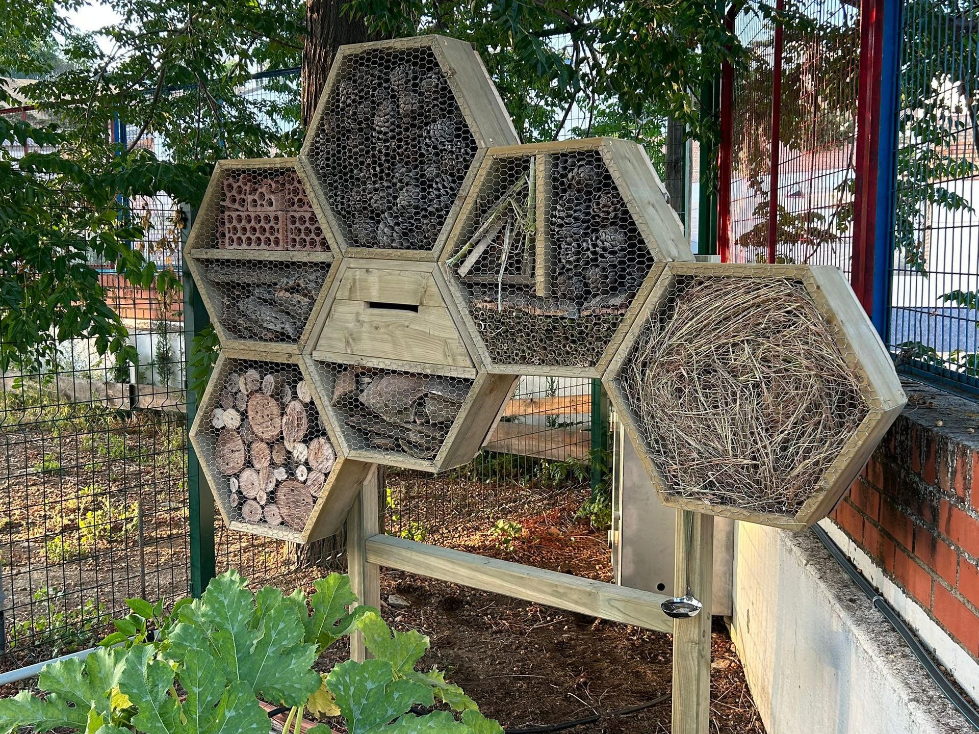 Un hotel de madera para insectos en forma de panal.