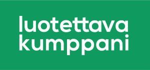 Green logo with white text reading “luotettava kumppani”