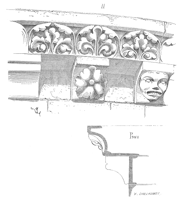 Croquis moulures d'un bâtiment historique avec zoom sur une fleur et un visage