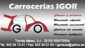 Una tarjeta de presentación para Carrocerias Igor con la imagen de un coche.