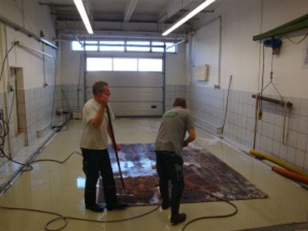 Zwei Männer reinigen einen Teppich in einer Garage
