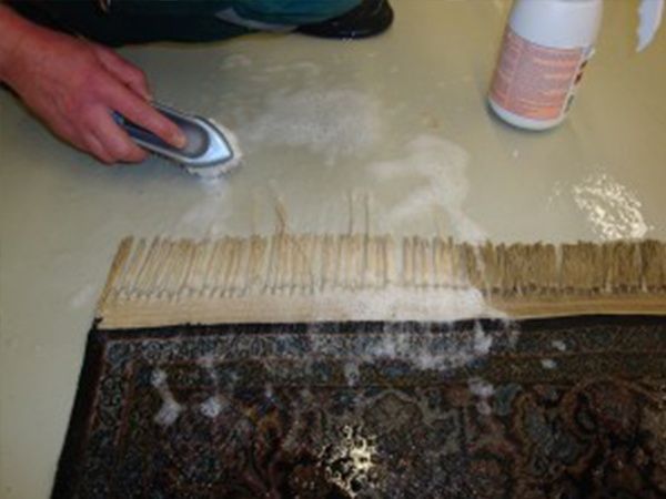 Eine Person reinigt einen Teppich mit einer Bürste