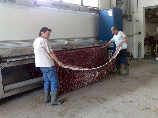 Zwei Männer reinigen in einem Zimmer einen Teppich.