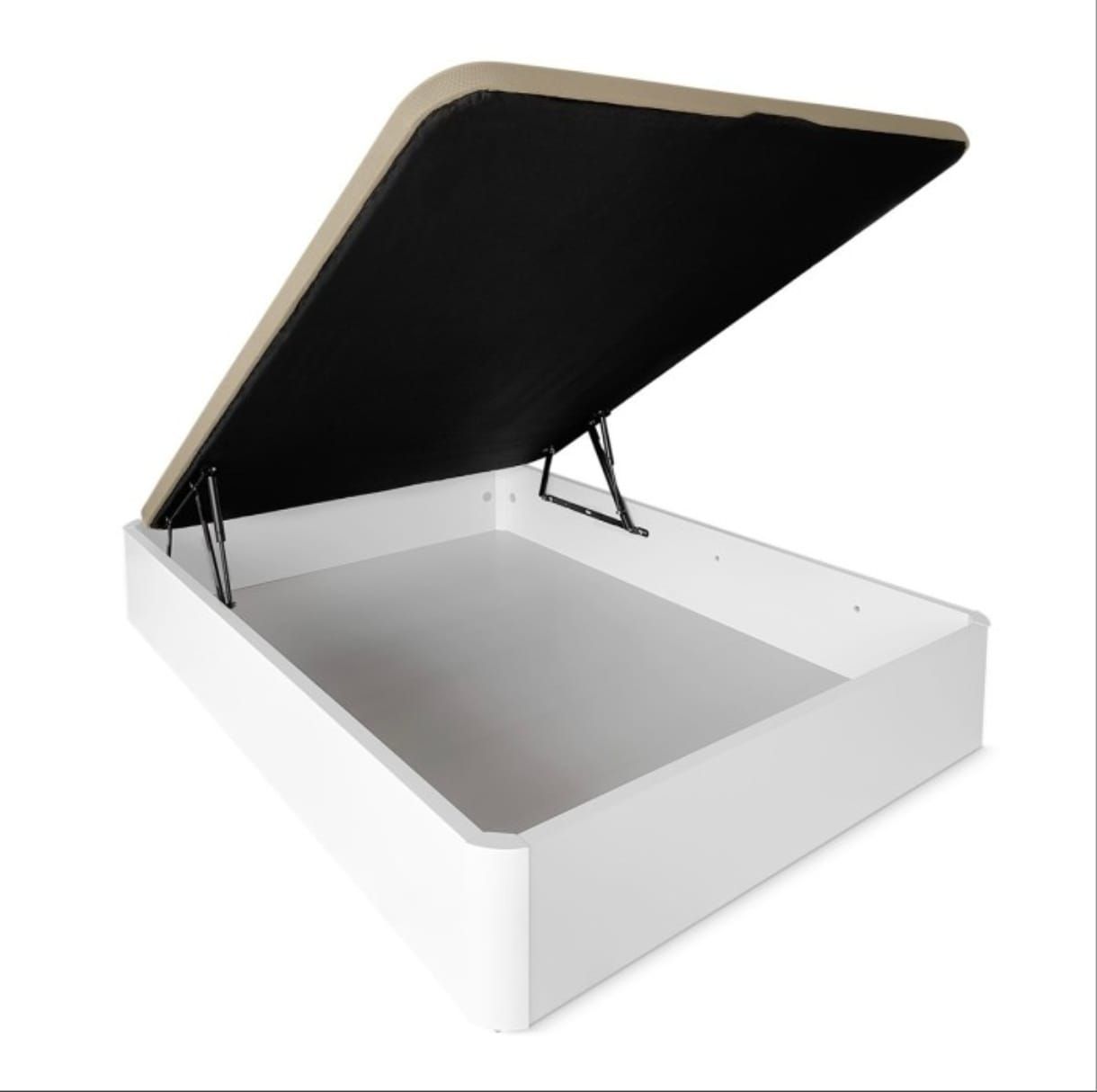 Una estructura de cama blanca con almacenamiento y una tapa tapizada