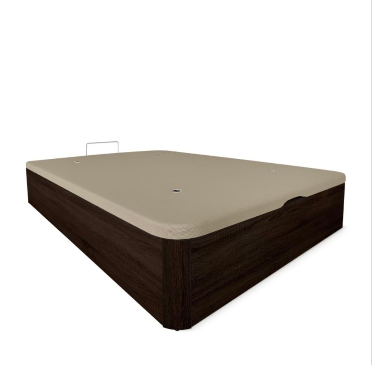 Base de cama con almacenamiento, de madera oscura con vetas, tapizada
