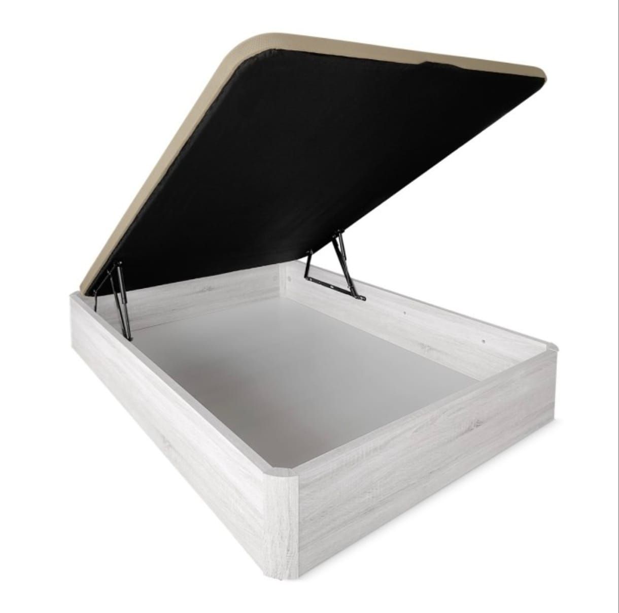 Una base de cama de madera blanca con espacio de almacenamientor.