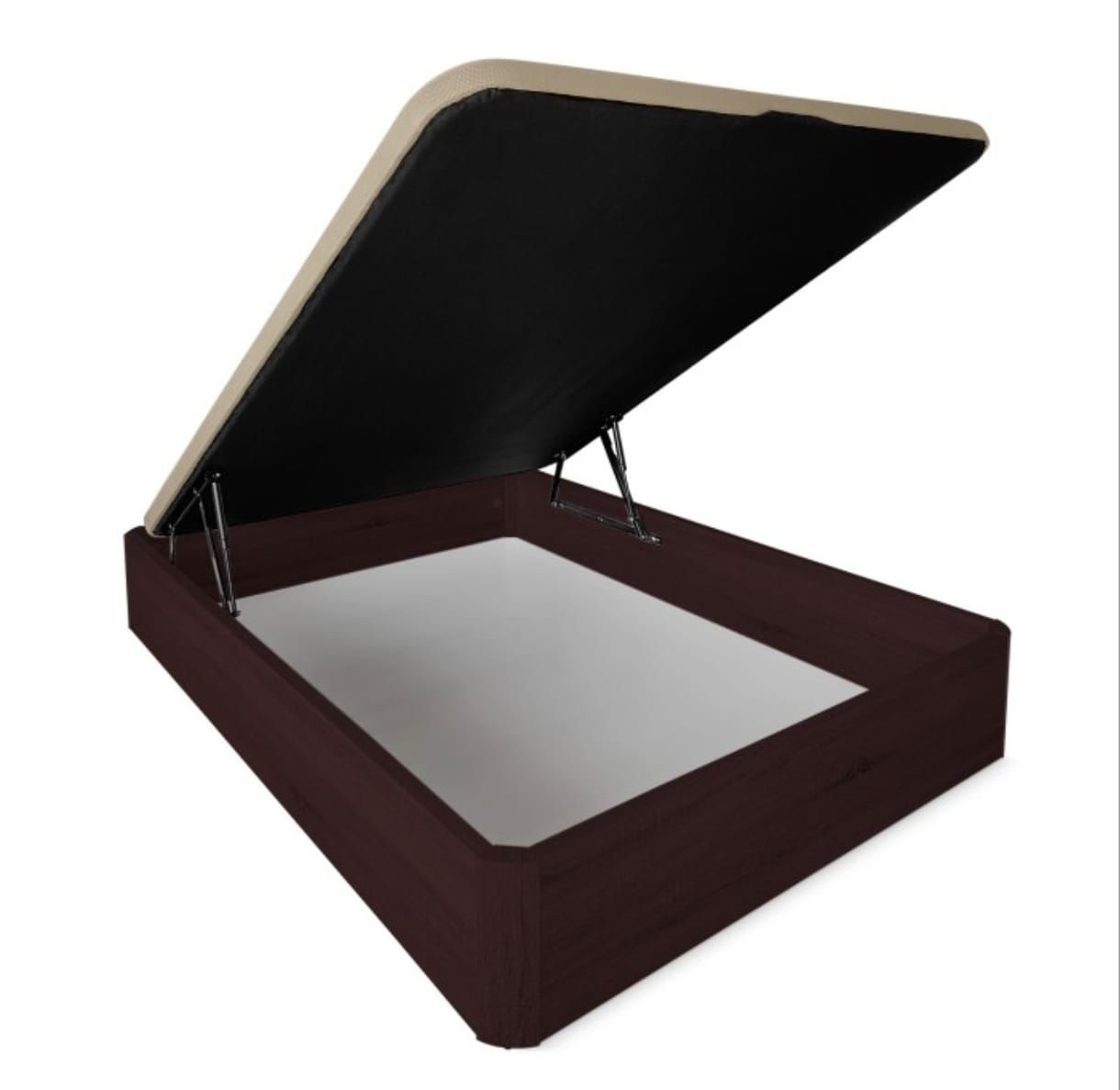 Una base de cama rectangular de color marrón oscuro con espacio de almacenamiento
