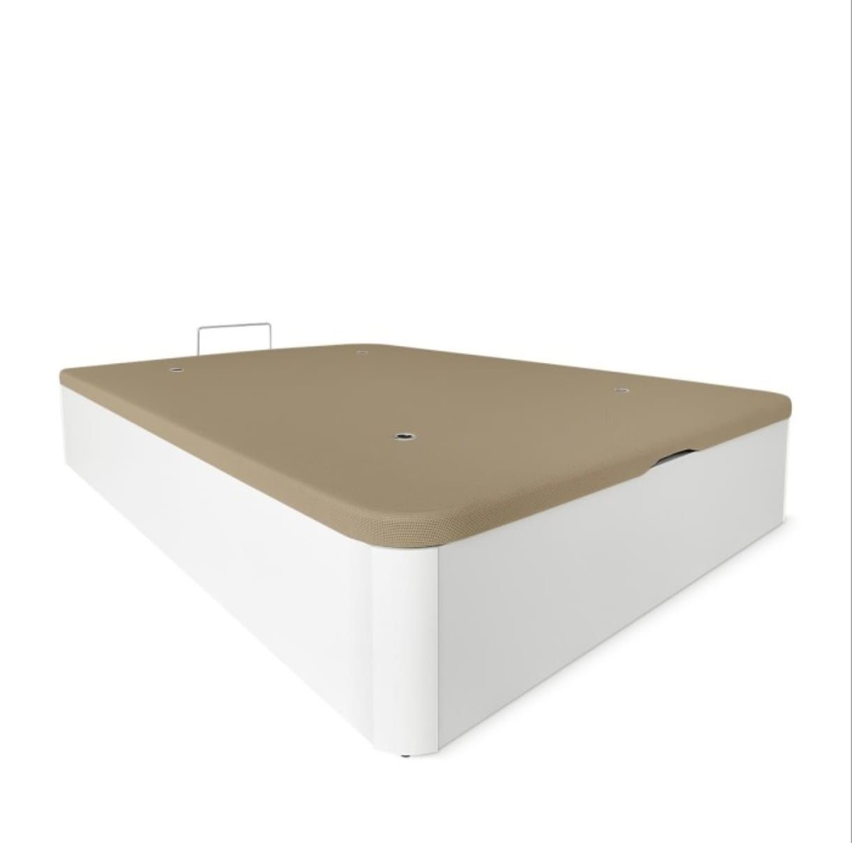 Una base de cama rectangular blanca con espacio de almacenamiento, tapizada en tela beige y con tirador metálico.