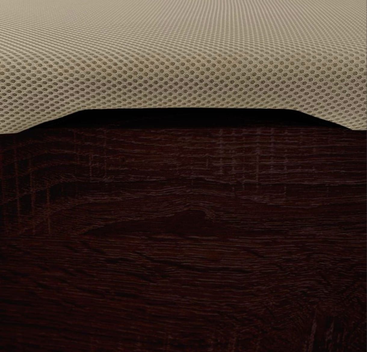 Una superficie de tela texturizada de color claro cuelga sobre una superficie de color marrón oscuro con vetas de madera.