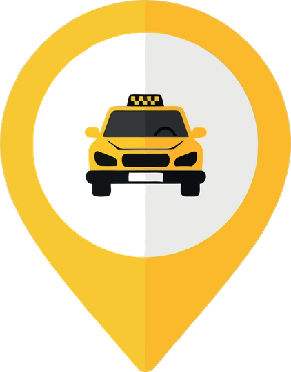 Une icône d'épingle de localisation jaune sur une carte, représentant un taxi jaune stylisé.