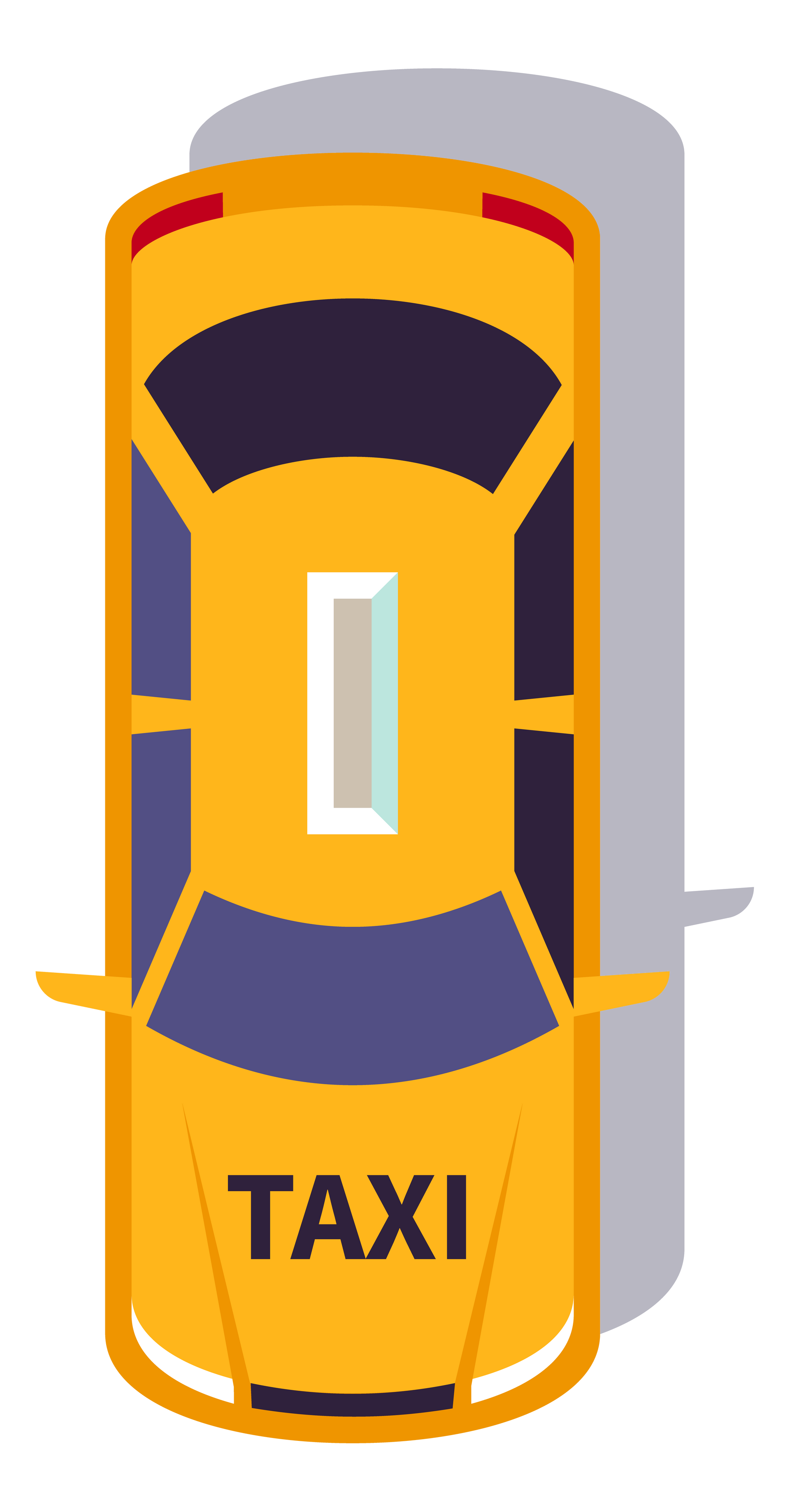 Vue de dessus d'un taxi jaune sur fond gris clair.