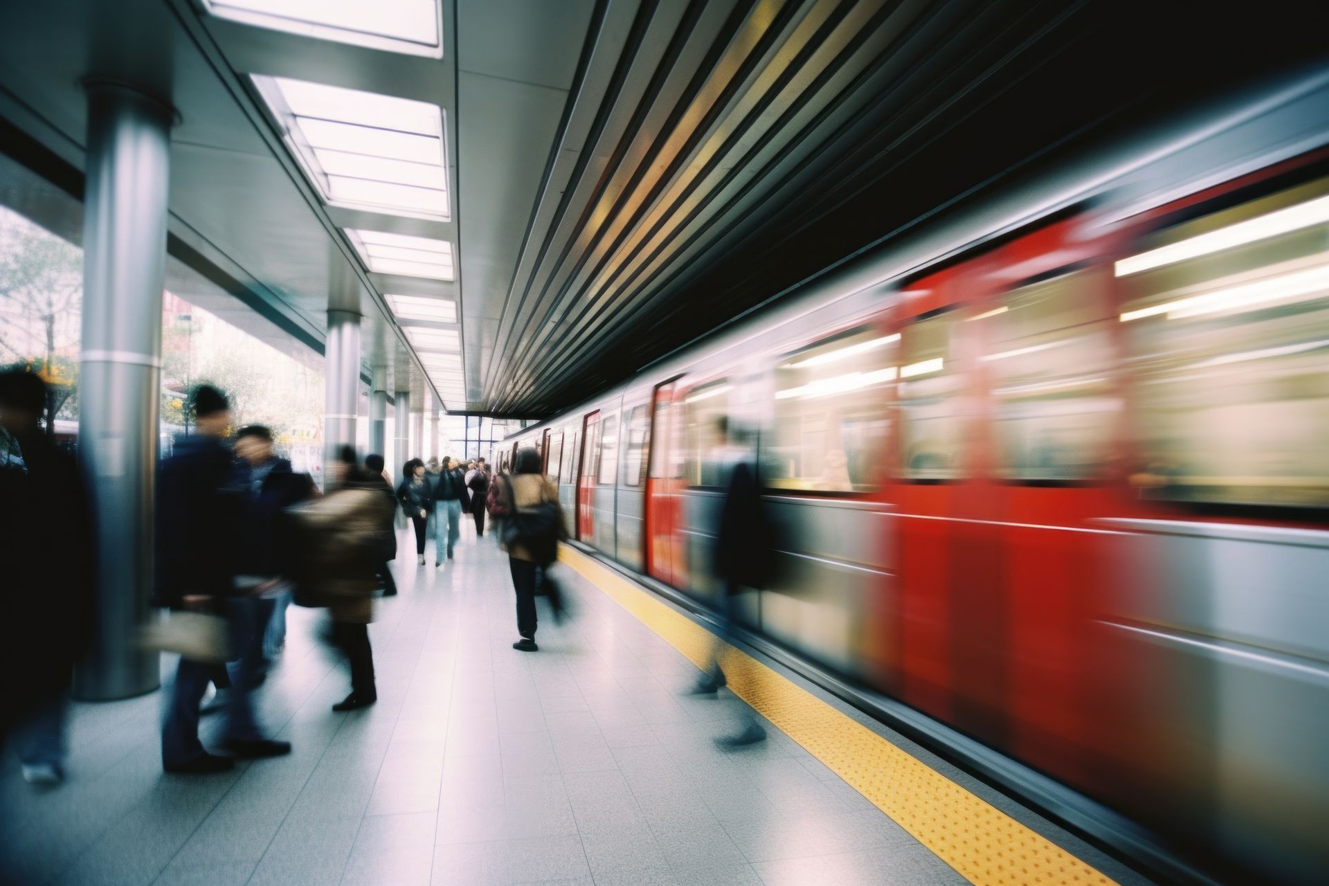 Des usagers attendent sur le quai du métro tandis qu'un train rouge passe à toute vitesse, dans un flou de mouvement.