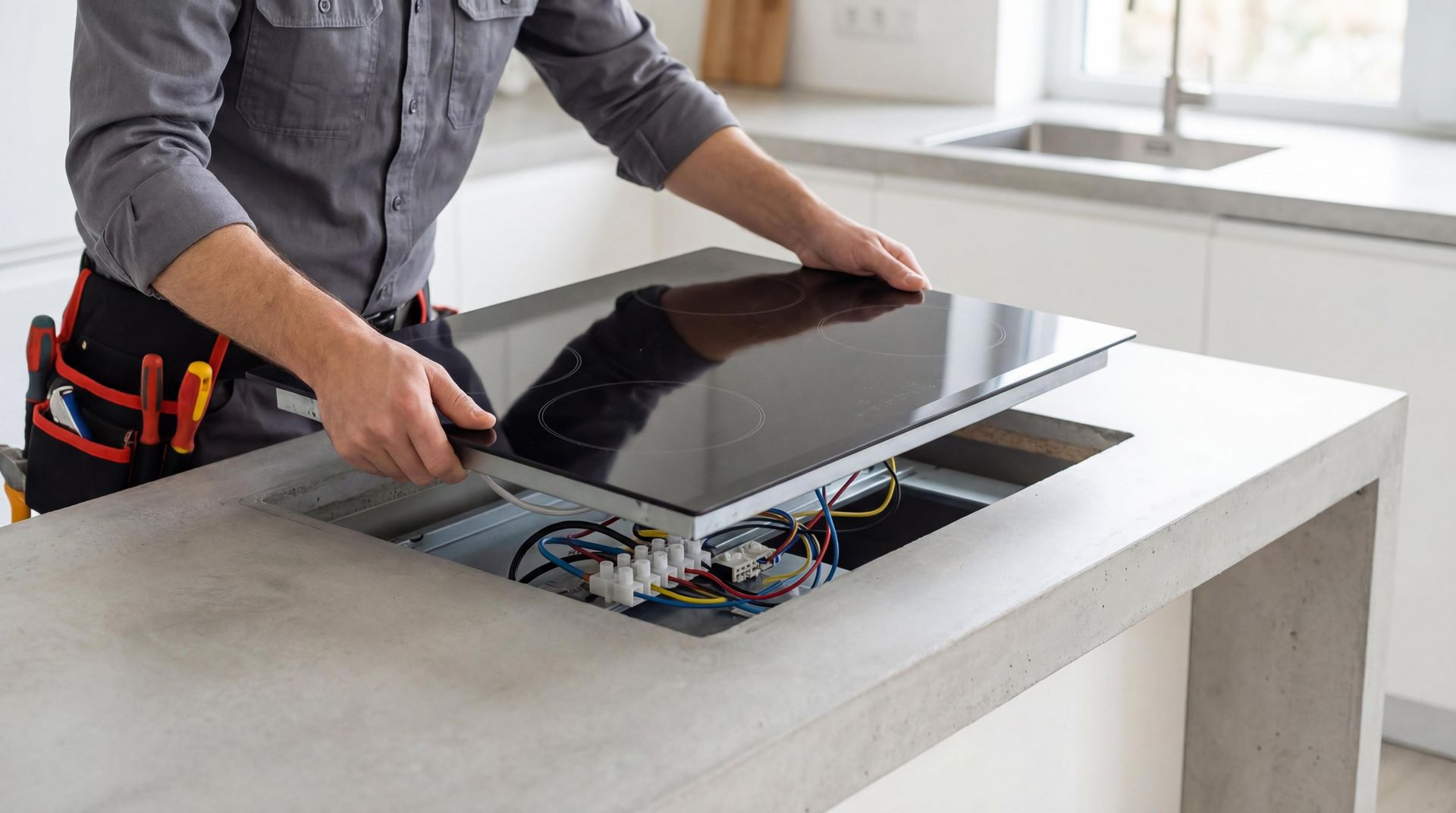 Un technicien installe un téléviseur à écran plat sur une table blanche ; on aperçoit ses outils et les câbles apparents.