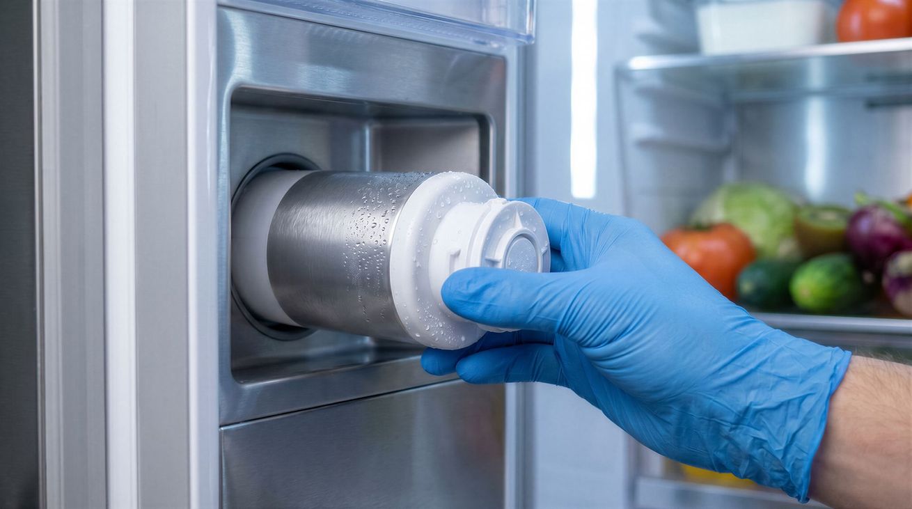 Main gantée remplaçant un filtre à eau dans un distributeur de réfrigérateur en acier inoxydable