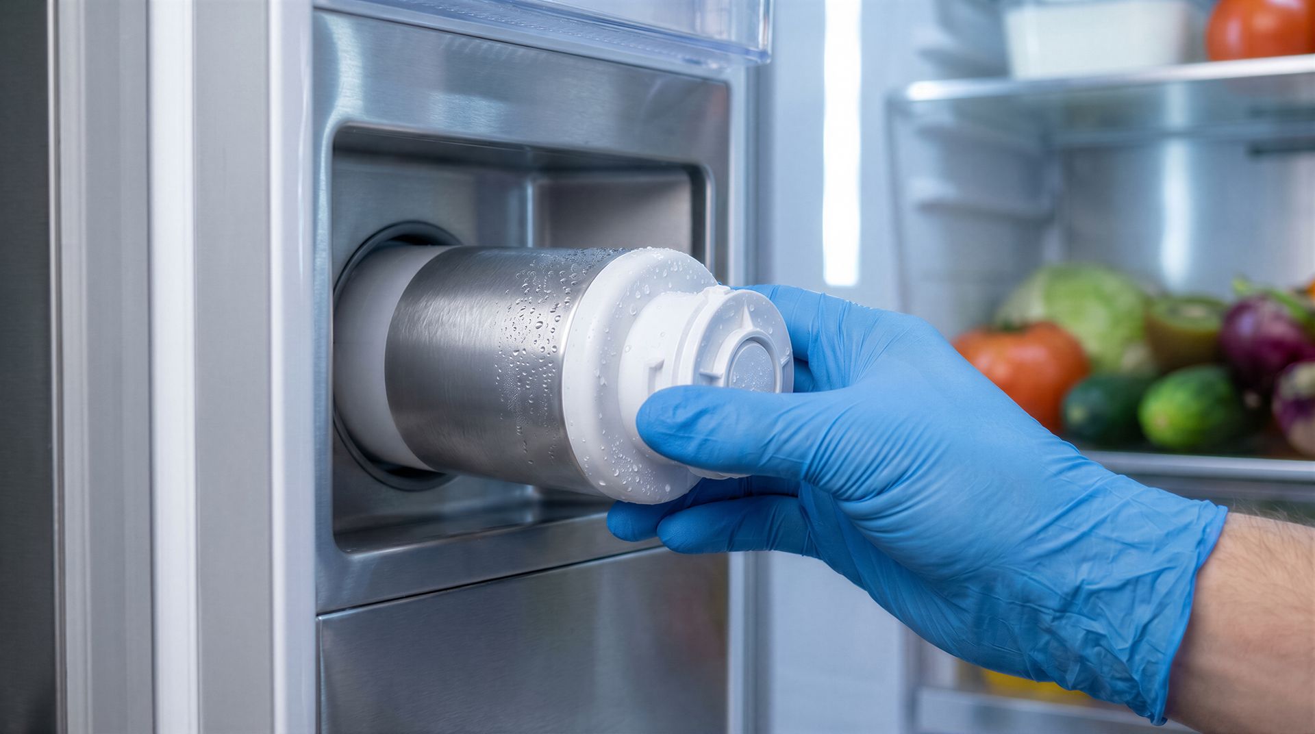 Main gantée remplaçant un filtre à eau dans un distributeur de réfrigérateur en acier inoxydable