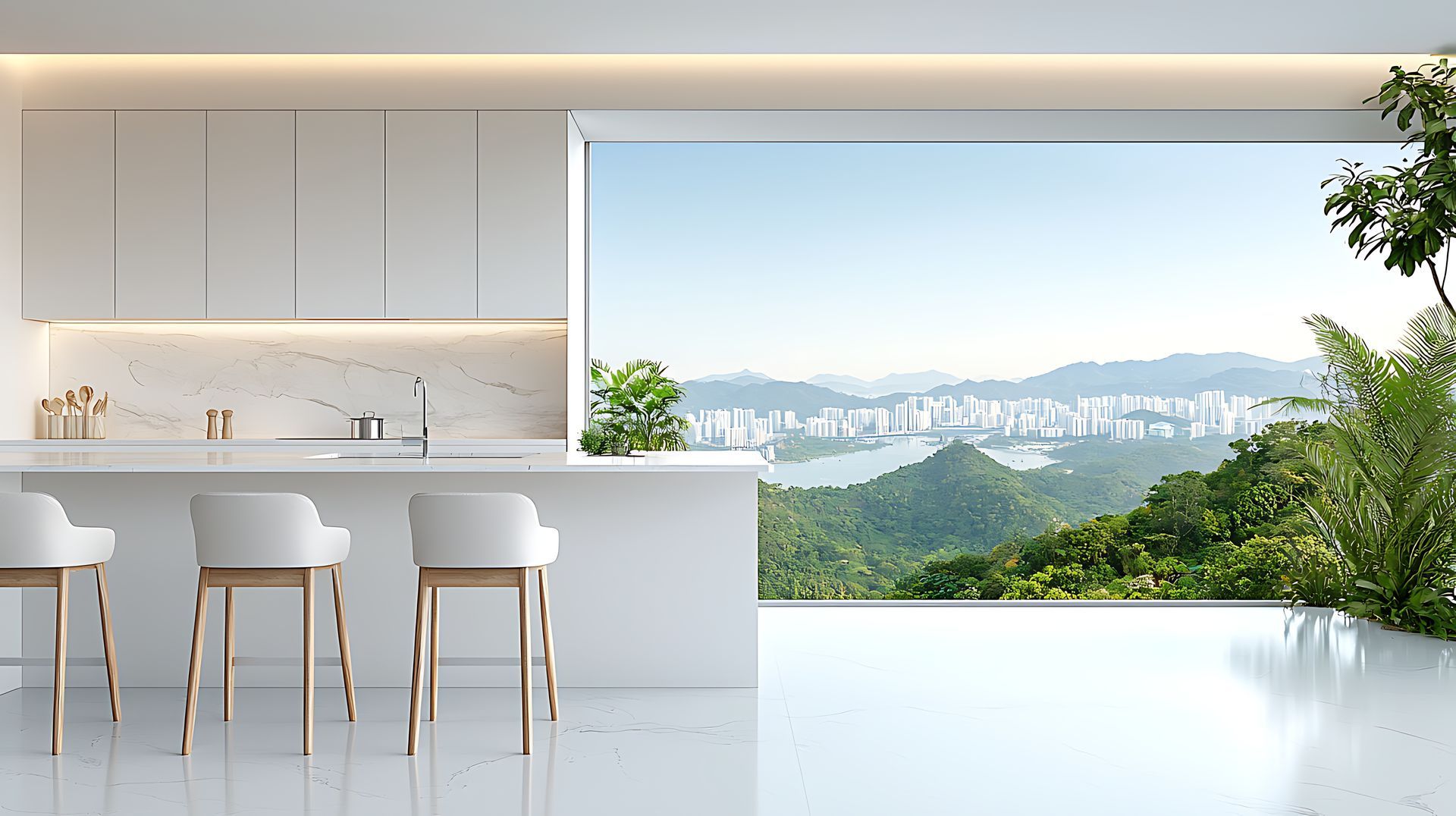 Cuisine minimaliste blanche avec îlot central et tabourets de bar, ouverte sur une vue panoramique sur la ville
