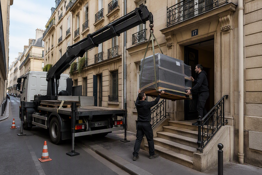 Déplacement d'un canapé emballé à l'aide d'un camion-grue devant une rangée d'immeubles d'appartements beiges